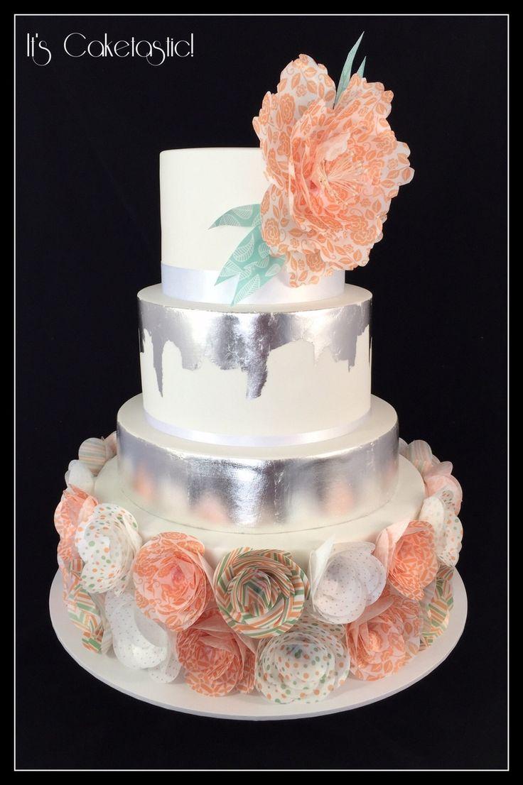 زفاف - Coral And Mint Wafer Paper Wedding Cake With Silver Leaf