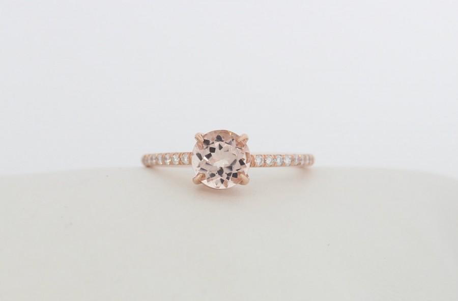 Wedding - Morganite Engagement Ring with Micro Pave Band, One Carat Morganite Engagement Ring, 6.5mm Morganite Engagement Ring
