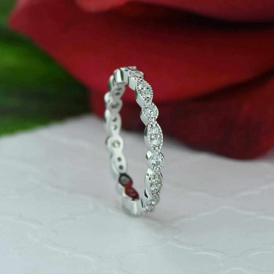 زفاف - Small Full Eternity Ring, Marquise Art Deco Round Wedding Band, Engagement Ring, Man Made Diamond Simulant, Stacking Ring, Sterling Silver