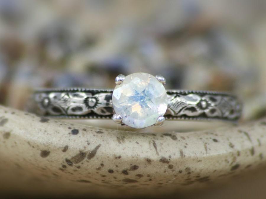 زفاف - Size 7.25 - Faceted Rainbow Moonstone Solitaire In Sterling - Silver Engagement Ring or Promise Ring - Gift For Her - Ready To Ship