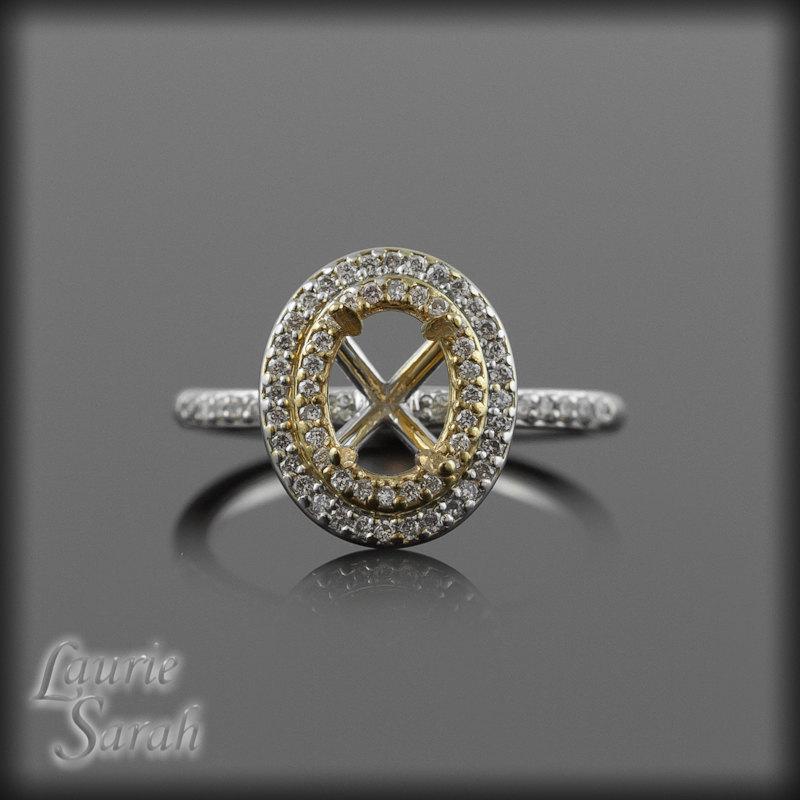 زفاف - Engagement Ring, Diamond Double Halo Oval Engagement Ring Semi Mount - Two tone gold - LS1631