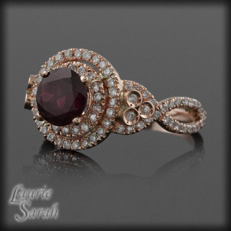 Wedding - Rose Gold Engagement Ring, Deep Red Garnet and Diamond Ring in 14kt Rose Gold - LS1936