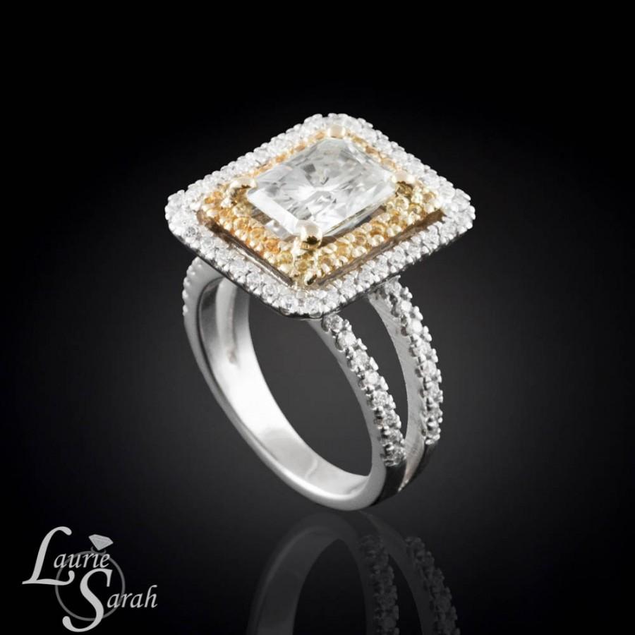 زفاف - Moissanite Engagement Ring, Moissanite Double Halo Split Shank Yellow Sapphire and Diamond Ring in two tone gold - LS779