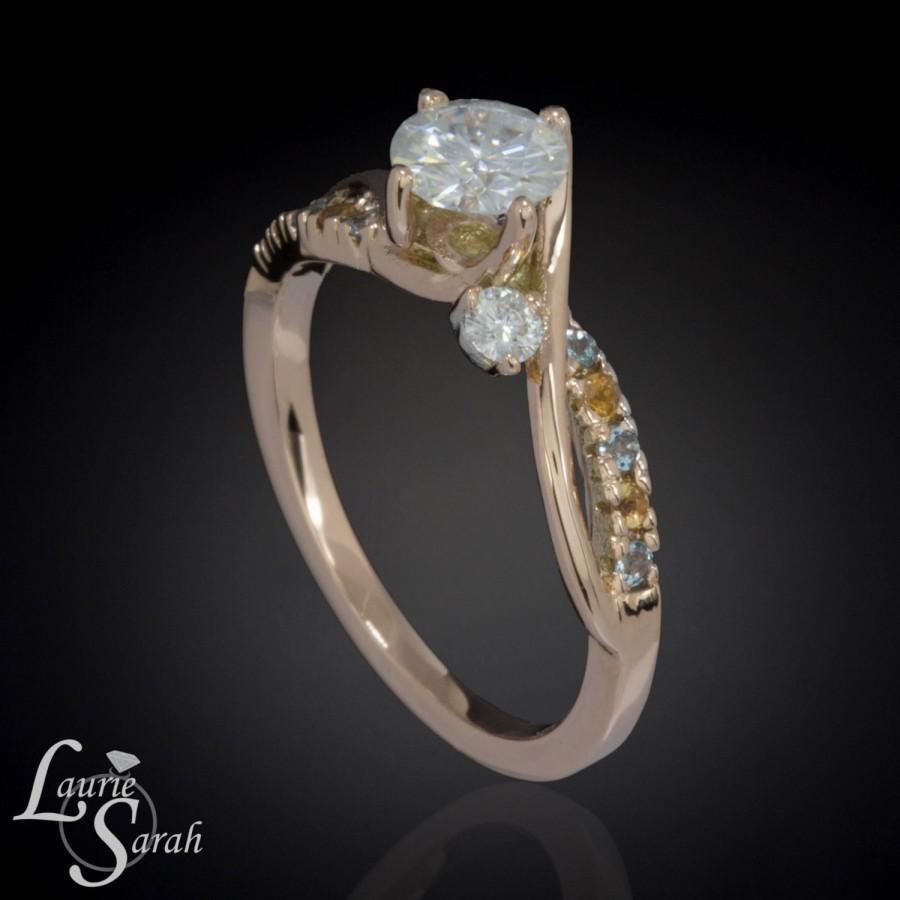 Mariage - Engagement Ring, 14kt Rose Gold Moissanite Engagement Ring with Diamonds, Yellow Topaz, and Blue Topaz - LS2367