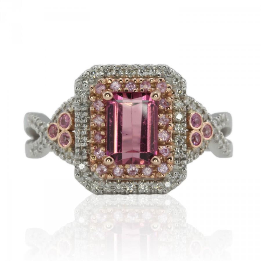 زفاف - Engagement Ring, Pink Engagement Ring, 14kt Rose and White Gold Pink Tourmaline Ring with Pink Sapphire and Diamond Double Halo - LS3122