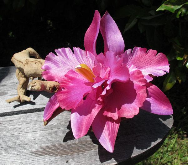 Hochzeit - Hawaiian Fuschia Two Orchids hair flower clip 6.5" x 6"