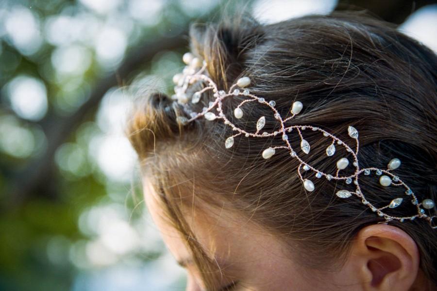 زفاف - Faerie Blush - ethereal rose gold headpiece, pearl and crystal boho bridal headband