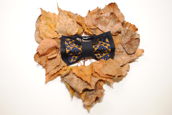 Mariage - Fall sale Embroidered man's bow tie Blue navy ocher neck tie Groomsmen pre tied bowtie Mustard bowtie Cross-stitch Gift him Fall gift ideas