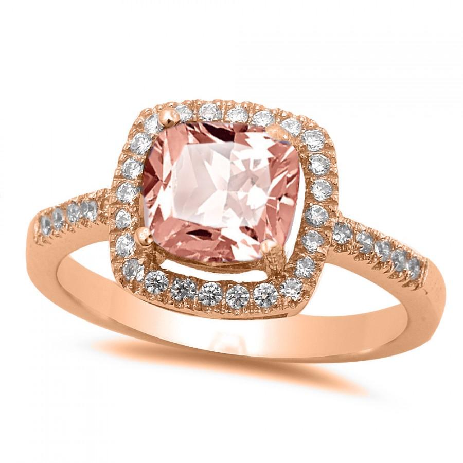 Hochzeit - Vintage Halo Solitaire Accent Wedding Engagement Ring Rose Gold on 925 Sterling Silver 1.24CT Cushion Cut Pink Morganite CZ Round Diamond CZ