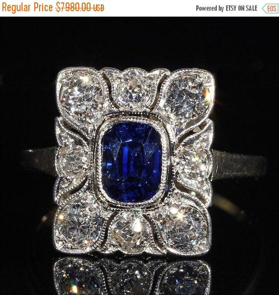زفاف - SALE Antique Belle Époque Sapphire and Diamond Engagement Ring in 18k Gold and Platinum