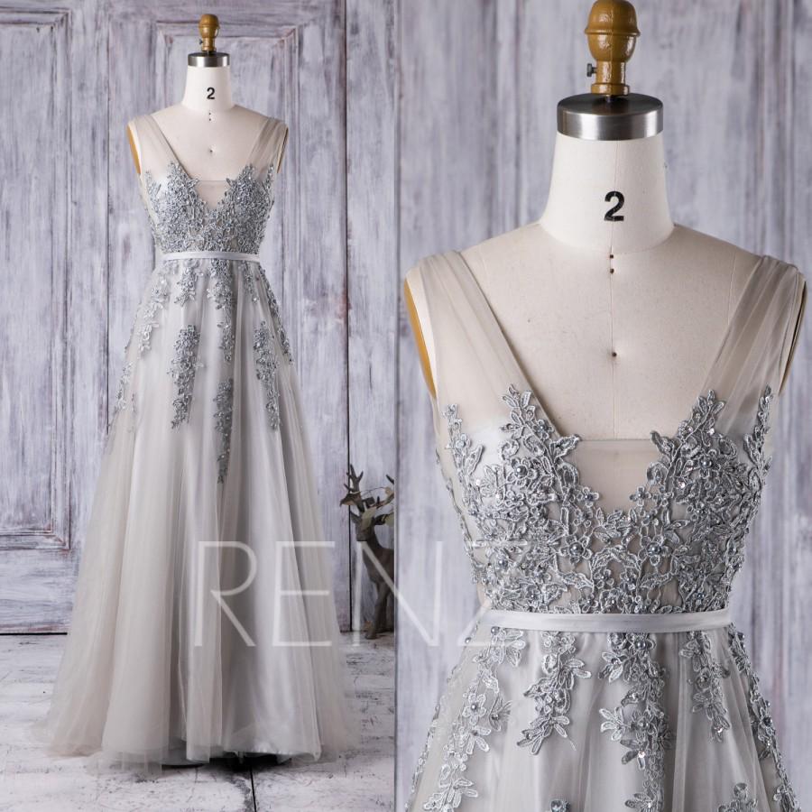 Wedding - 2016 Long Light Gray Bridesmaid Dress, Square Neck Wedding Dress with Lace, A Line Prom Dress, Open Back Formal Dress Floor Length (GW186)