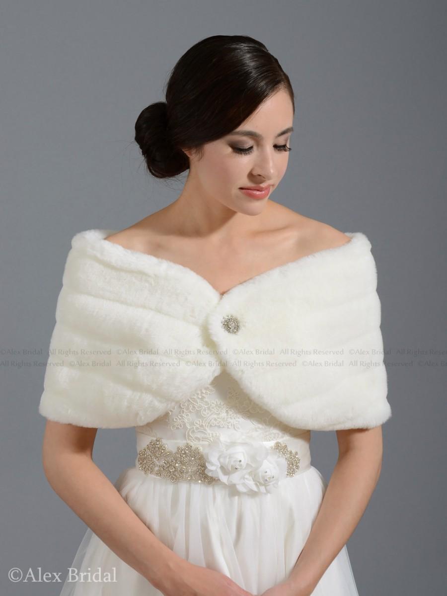 زفاف - Ivory faux fur wrap bridal shrug stole shawl FW001-Ivory regular / plus size
