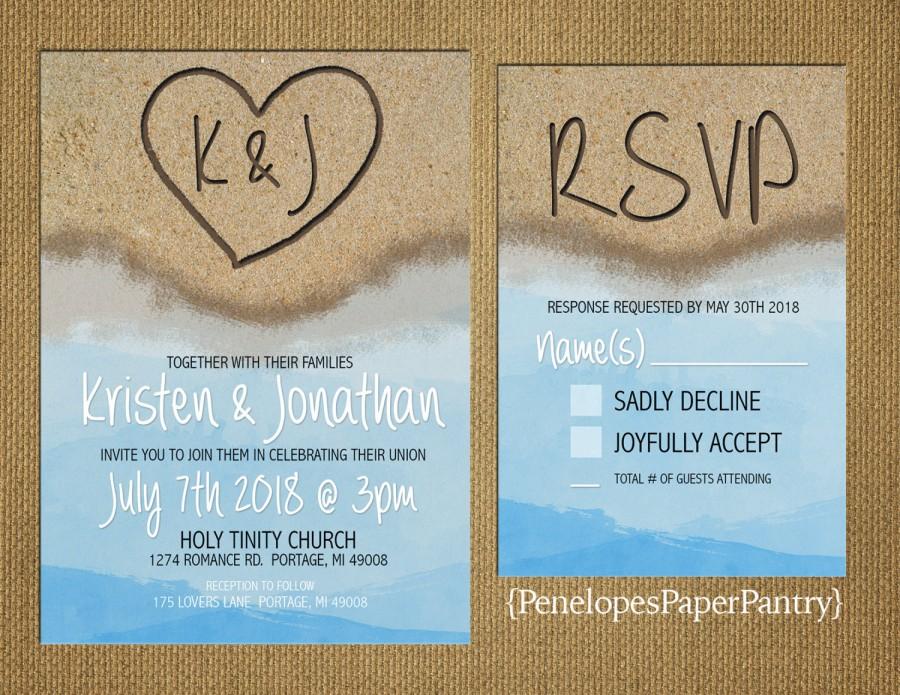 Свадьба - Destination Beach Wedding Invitation,Heart in the Sand with Initials,Sandy Beach,Blue Water,OPT RSVP Card,Customizable,with White Envelopes