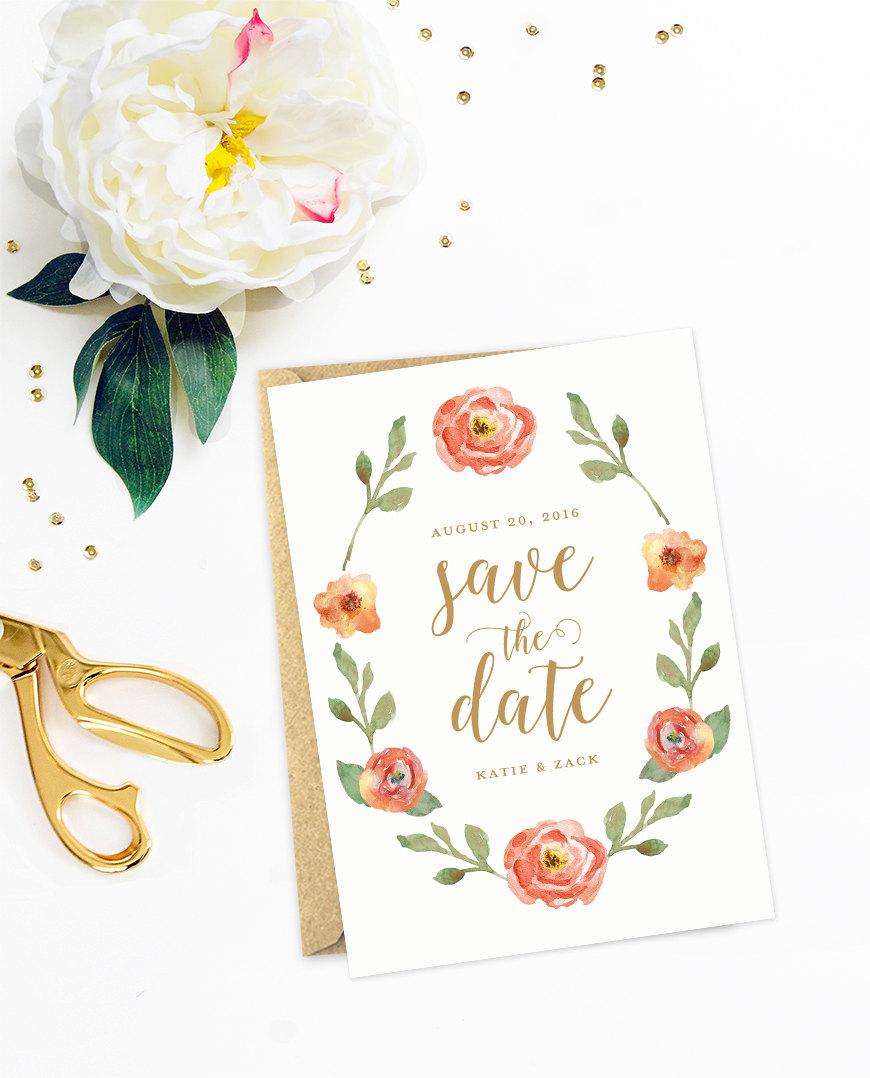 Mariage - Save The Date, Watercolor Save The Date, Coral and Peach Flowers, Spring Wedding, Watercolor Invitations
