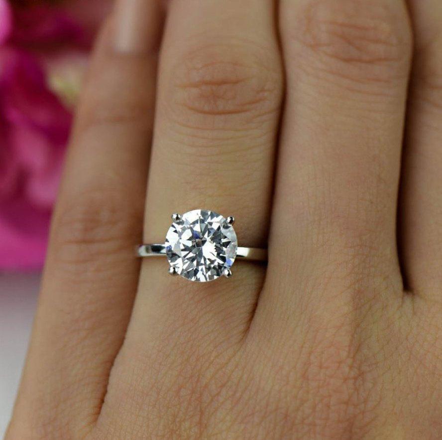 Mariage - 3 ct Classic Solitaire Engagement Ring, Man Made Diamond Simulant, 4 Prong Wedding Ring, Bridal Ring, Promise Ring, Sterling Silver