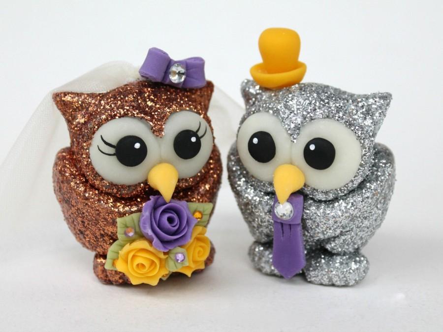 Wedding - Glitter love bird owl wedding cake topper, glitter wedding decor, sparkly owls