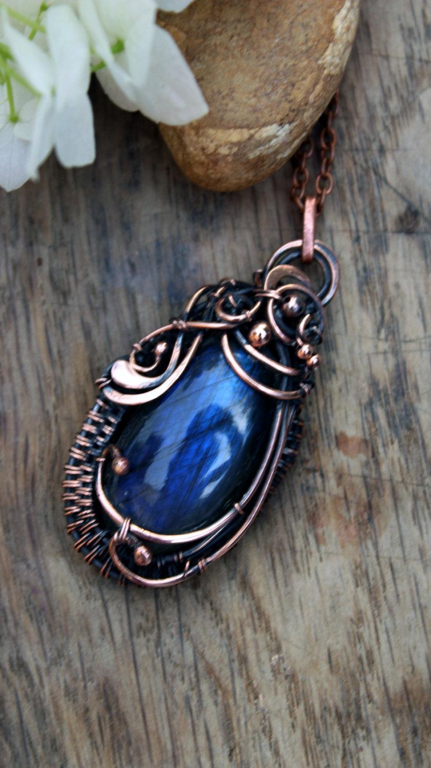 Wedding - Labradorite Pendant Wire wrapped pendant Copper pendant necklace Inspirational necklace Wife gift for her Wire necklace stone pendant