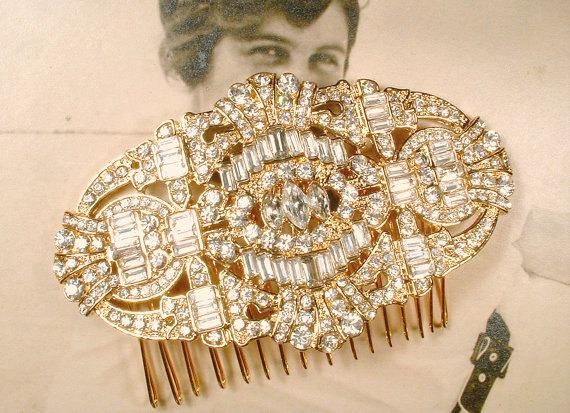 Mariage - Gold Hair Comb, Art Deco Gold Rhinestone Bridal Headpiece Large 1920s Brooch Wedding Accessory Vintage Inspired Great Gatsby Downton Abbey
