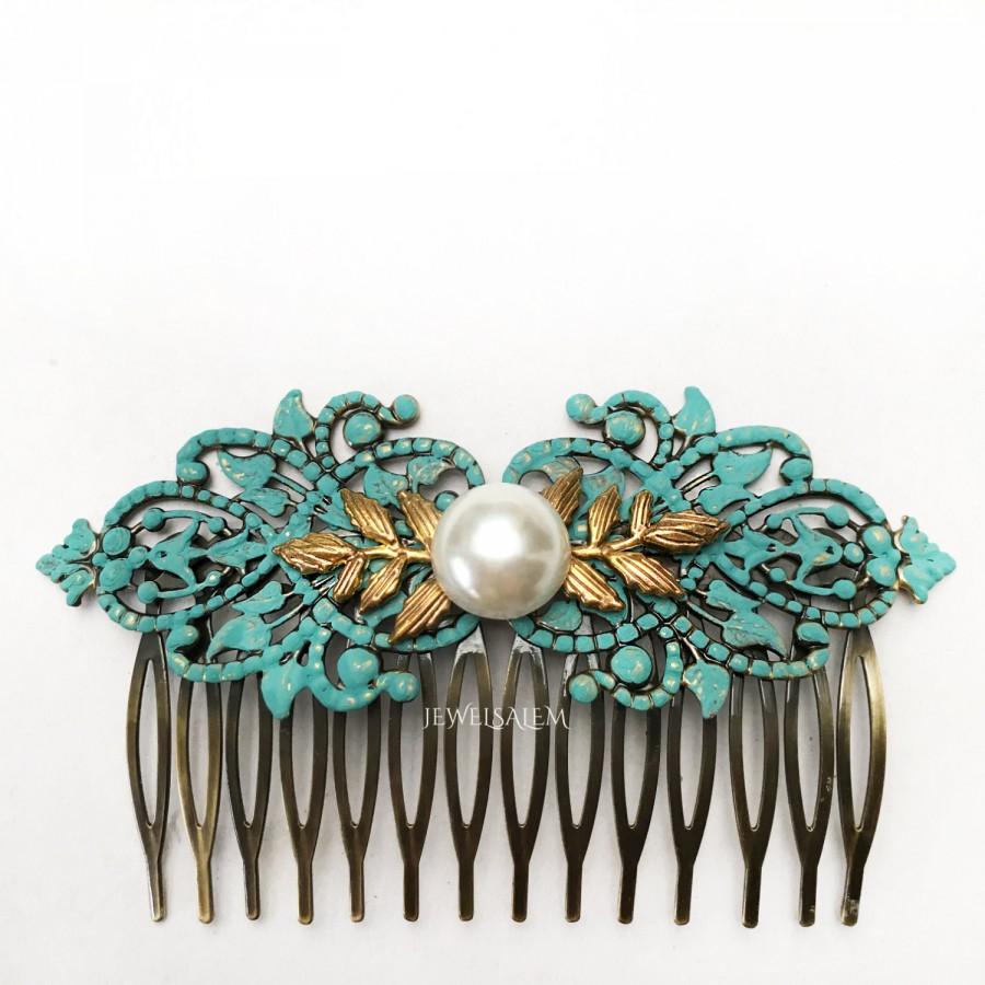 Свадьба - Wedding Hair Comb Turquoise Pearl Hair Comb Blue Bridal Hair Comb Gold Leaves Hair Slide Victorian White Ivory Pearl Comb Bridesmaid Gift