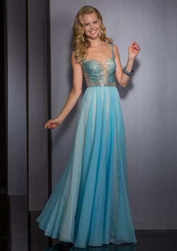 Mariage - Beading Open Back Blue Scoop Floor Length Tulle Chiffon