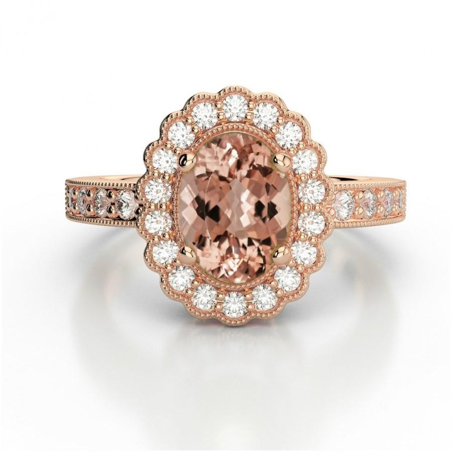 زفاف - Oval Morganite & Diamond Halo Vintage Ring - Morganite Wedding Rings 14k Rose Gold - Gemstone Anniversary Rings - Raven Fine Jewelers