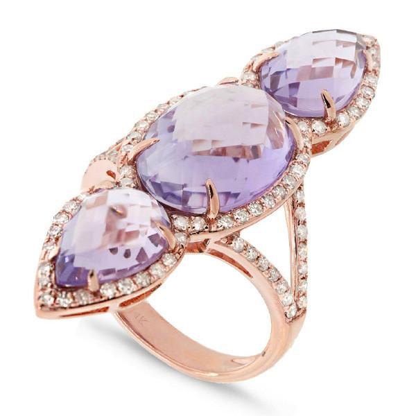 Mariage - Amethyst & Diamond Split Shank Ring 14k Rose Gold - Three Stone Rings - Feminine - Long Finger Ring - Pear, Oval Amethyst 14k Rose Gold Jewelry GIfts