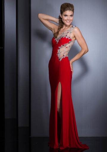 Mariage - Open Back Split Front Red Green One Shoulder Beading Chiffon Floor Length Mermaid