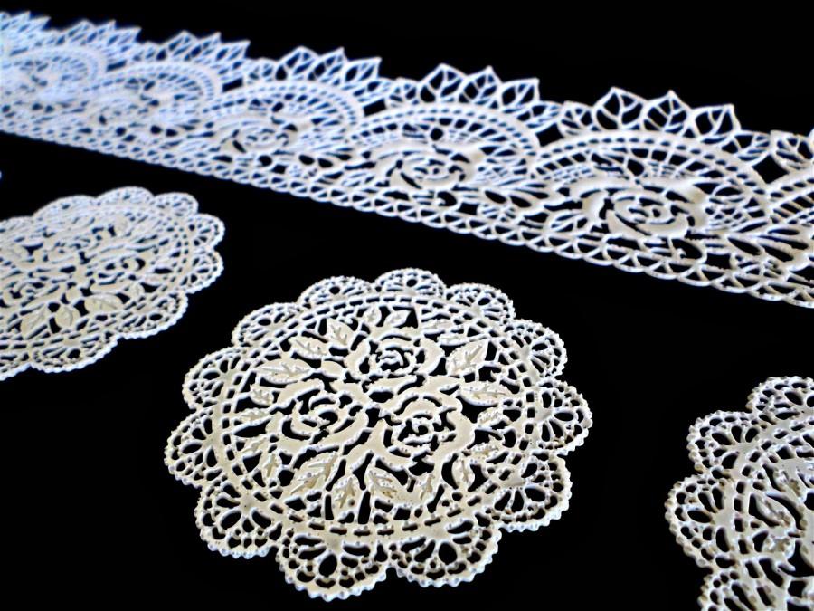 Свадьба - Edible Lace Set- 2 Sugar Lace Strips & 10 Sugar Doilies- cake decorating kit, edible lace sugar DIY cake kit, vintage wedding lace doilies