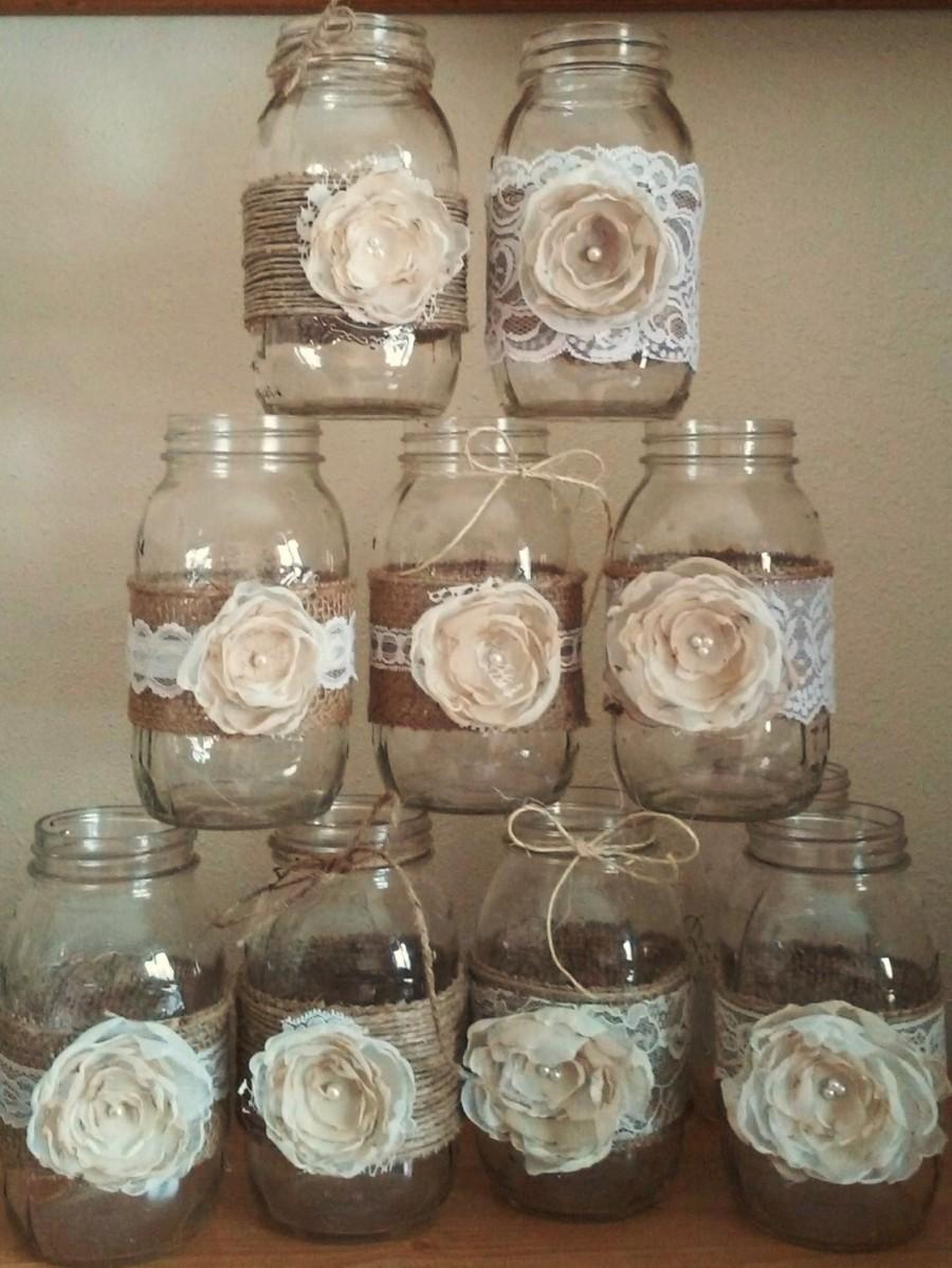 زفاف - 10 Shabby Chic Mason Jar Sleeves, Rustic Wedding Centerpieces, Rustic Mason Jar, Mason Jar Decorations, Burlap and Lace Mason Jars