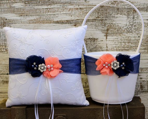 Mariage - Your Color ,Navy Blue And Coral Pink Ring Bearer Pillow , Flower Girl Basket , Flower Girl Basket And Ring Bearer Pillow Set