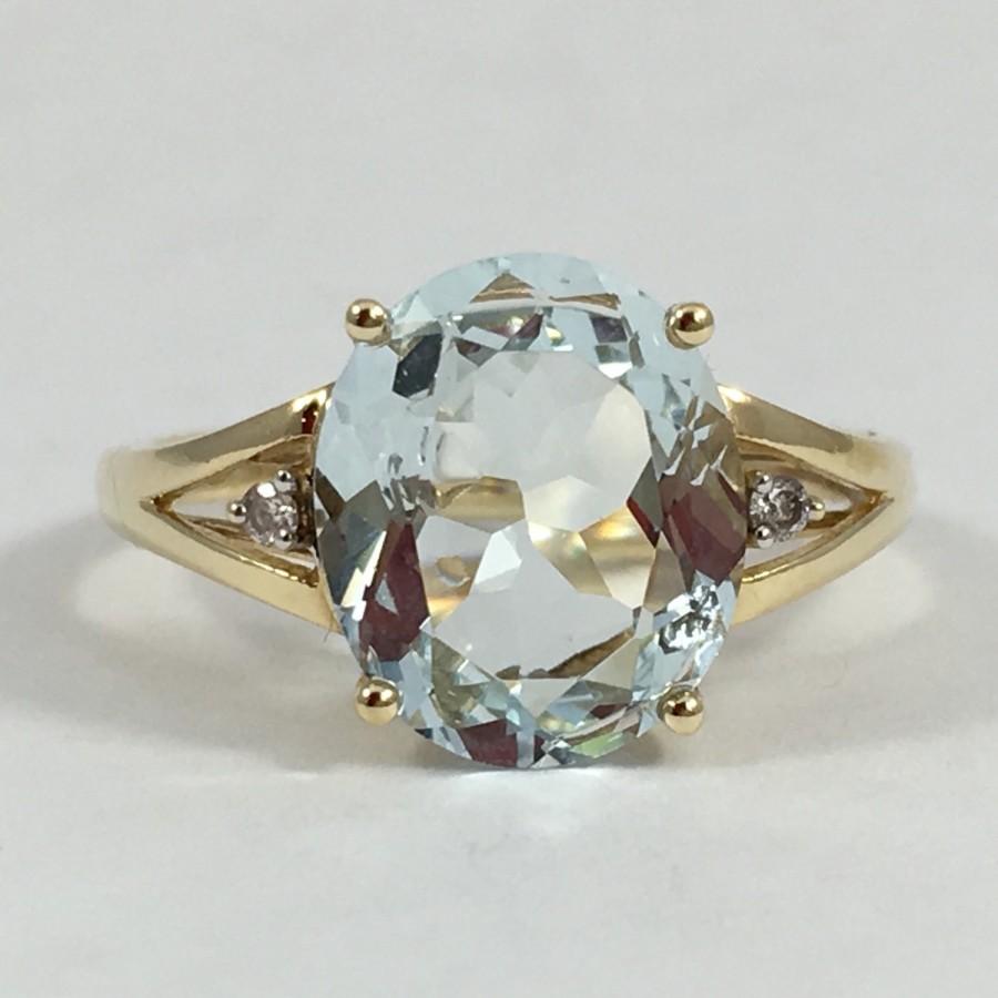 Wedding - Vintage Aquamarine and Diamond Ring. 14k Yellow Gold. Unique Engagement Ring. March Birthstone. 19th Anniversary Gift. Estate Jewelry