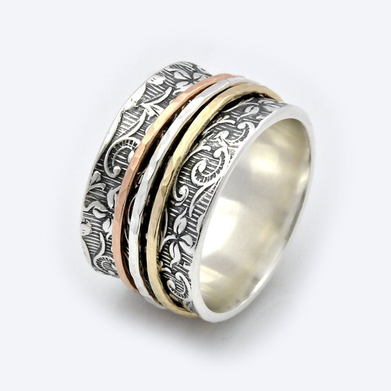 Свадьба - Leaf Motif Spinner Ring - Spinning Ring - two tone ring - Meditation Ring - Fidget Ring - Worry Ring - Triple Spinner Ring - Silver ring