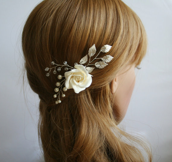 Hochzeit - Clay rose, Wedding flower hair pin, Bridal flower hair pin, Bridal hair clip, Leaf hair clip, flower hair pin