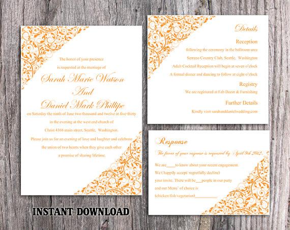 Mariage - DIY Wedding Invitation Template Editable Text Word File Instant Download Printable Invitation Orange Wedding Invitation Floral Invitation