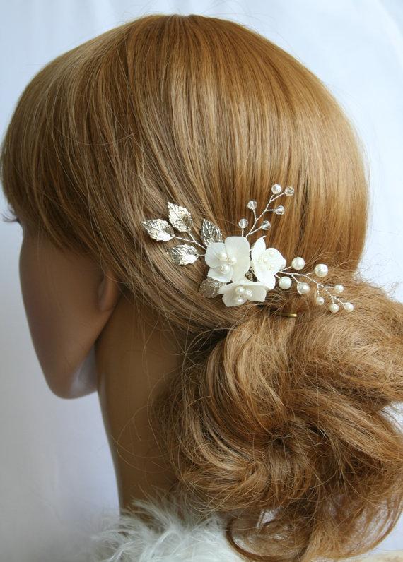 Wedding - Pearl Leaf hair pin, Flower wedding hair pin, Flower bridal hair pin, Leaf hair clip, Bridal hair pin, Bridal hair clip, flower hair pin