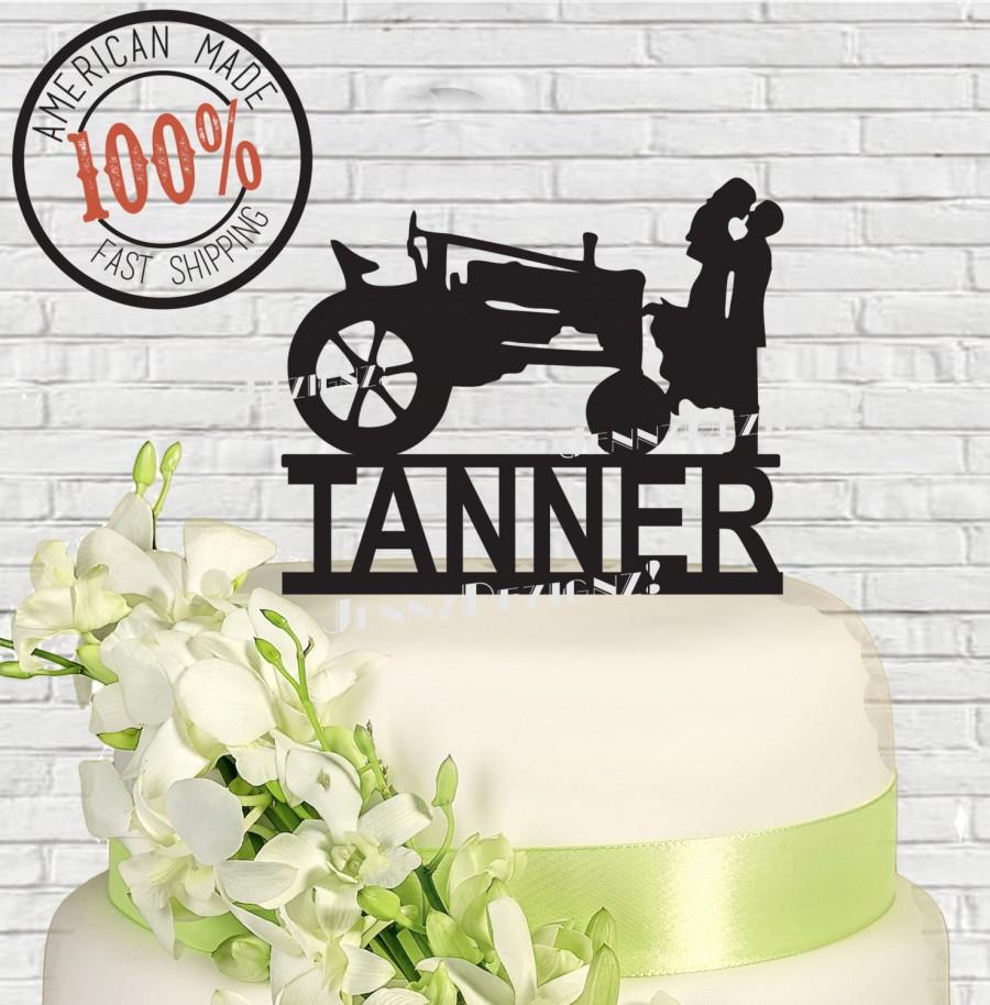 Wedding - Silhouette Couple With Farm Tractor Last Name Surname Wedding Cake Made in USA