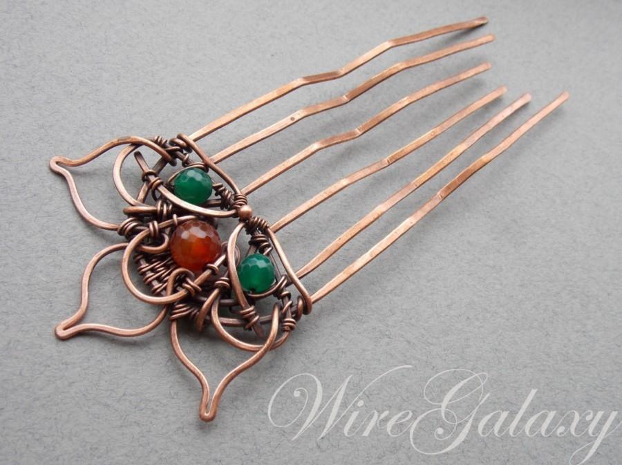 Wedding - Hair pin made of copper with carnelian and chrysoprase natural stone in wire wrap art technique.  Accessories for hair