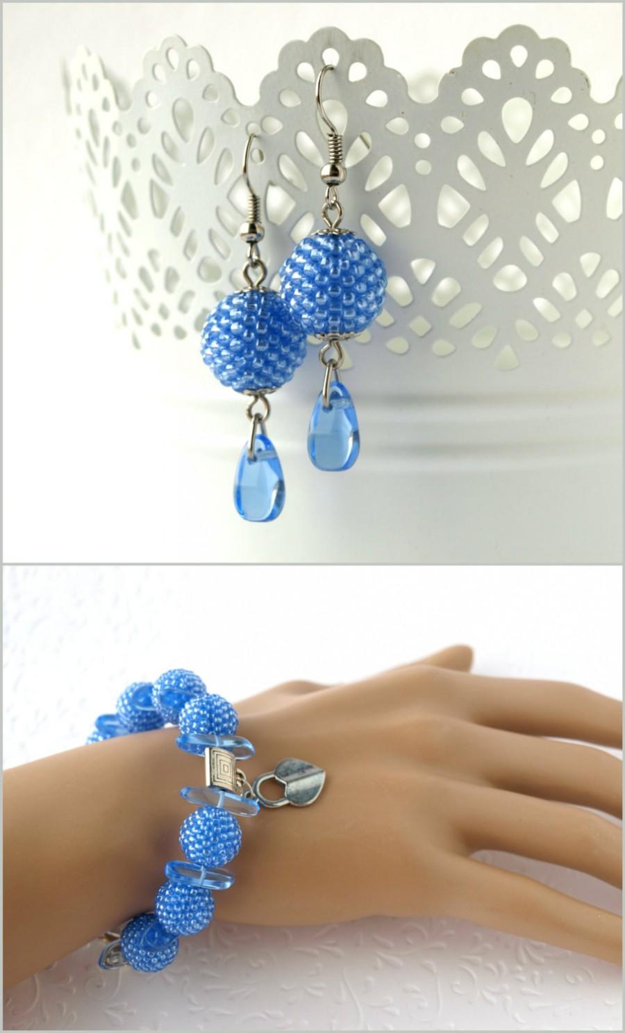 Hochzeit - Serenity bracelet Heart charm bracelet Serenity earrings Beadwork earring Blue ice jewelry set Seed bead bracelet Seed bead earring