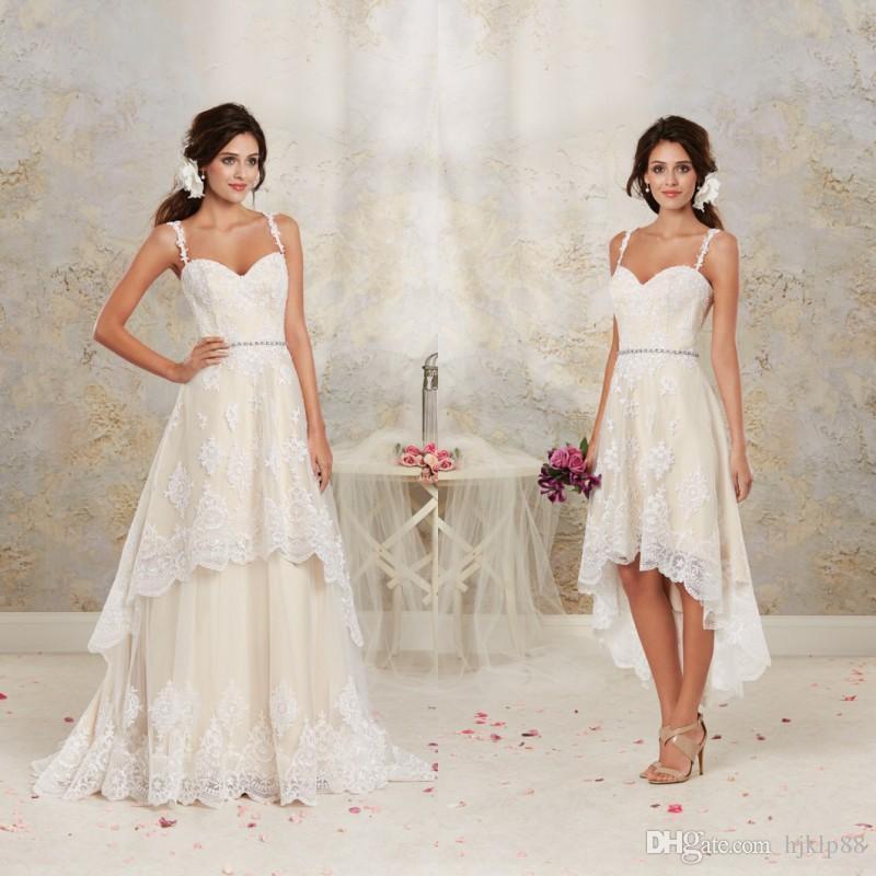 Свадьба - 2016 Short High Low Wedding Dresses with Detachable Skirt A Line Vintage Bridal Gowns Spaghetti Straps Champagne Ivory White Crystals Sash Online with $101.76/Piece on Hjklp88's Store 