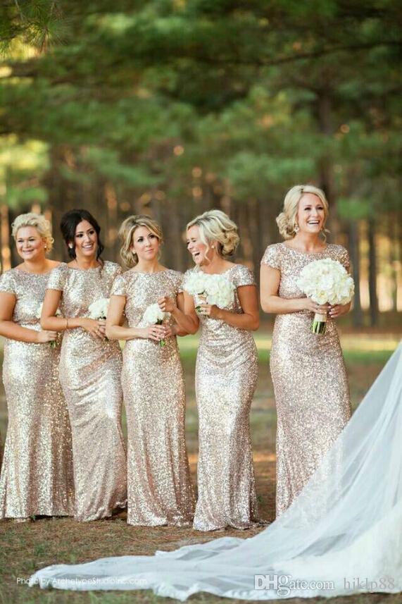زفاف - 2016 Newest Bridesmaid Dresses Gold Sequins Bling Cap Sleeve Scoop Neckline Fit And Flare Evening Dresses Party Formal Ball Dress Gowns Online with $73.52/Piece on Hjklp88's Store 