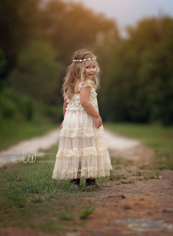 Mariage - Champagne Flower Girl Dress, Lace Baby Dress, Flower Girl Dress, Country Flower Girl Dress, Lace Flower Girl Dress, Rustic Flower Girl Dress