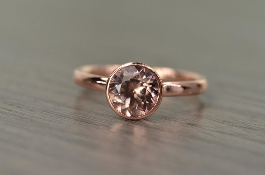 زفاف - Zircon Dusty Rose Pink Gold Ring, 2.5ct round Engagement Ring, solid yellow rose white gold bezel - Blaze Solitaire