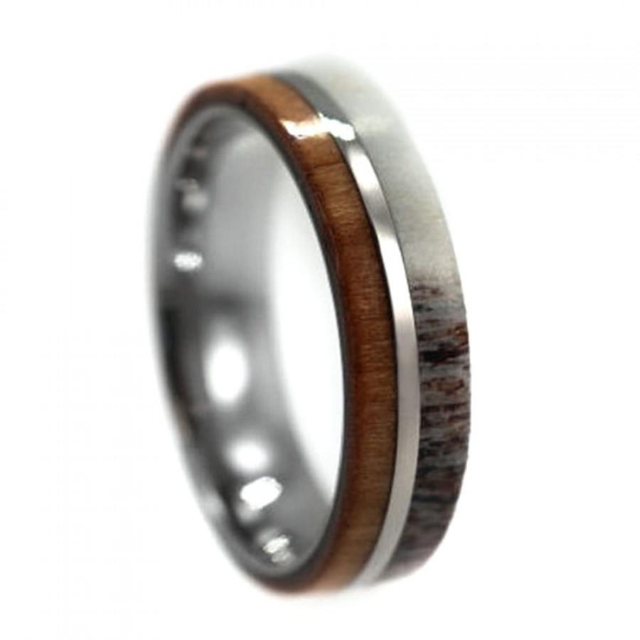 Mariage - Cherry Wood and Deer Antler Wedding Ring for Men, Titanium Band with Wood and Antler Inlay, Titanium Wedding Band