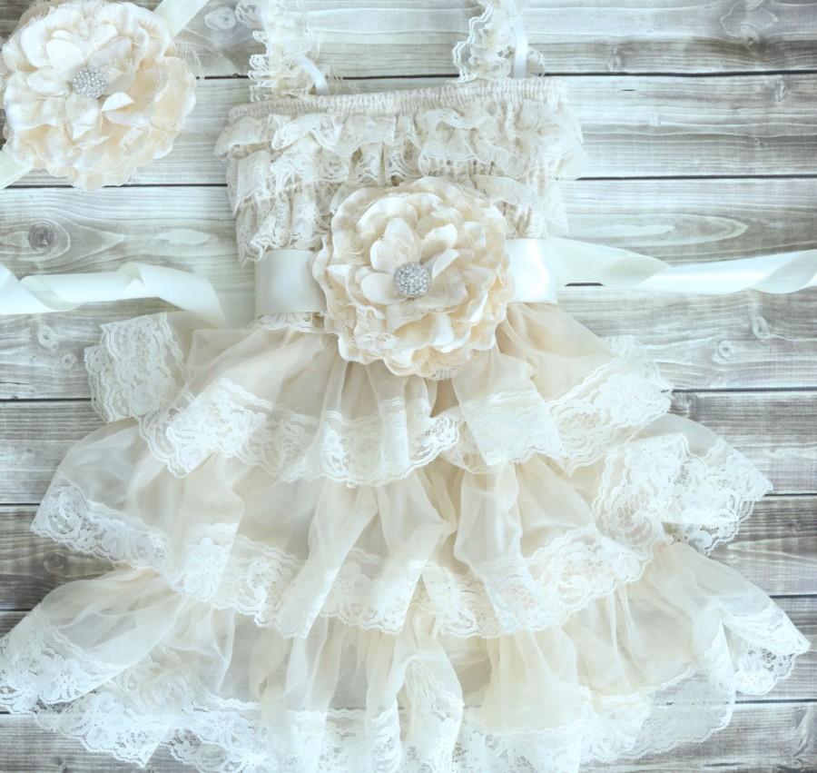 Hochzeit - Champagne Flower Girl Dress -Ivory Lace Baby Doll Dress-Peony Sash Set-Shabby Chic Flower Girl Dress-Rustic Flower Girl-Ivory Flower Girl