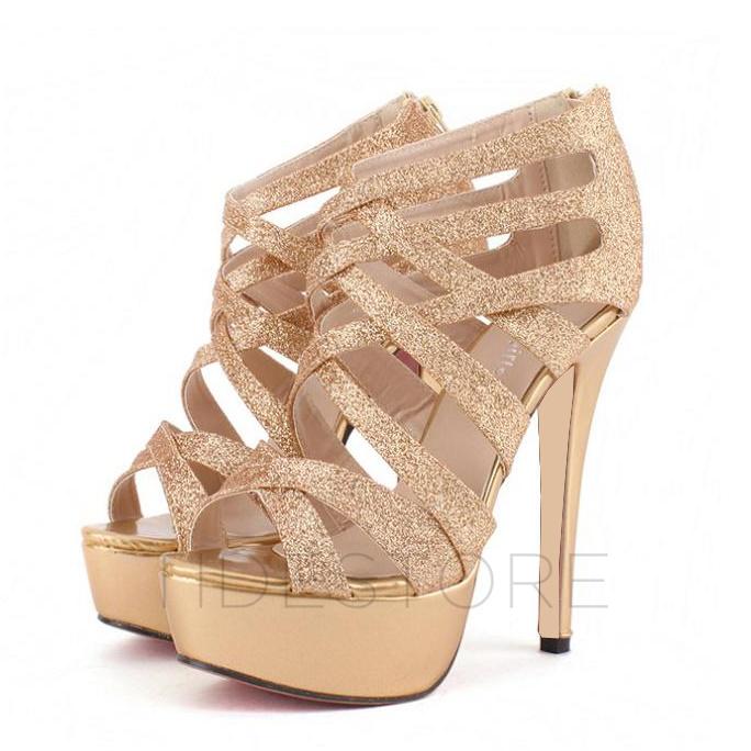 Wedding - Golden Stiletto Heel Strappy Euramerican Style Women Sandals