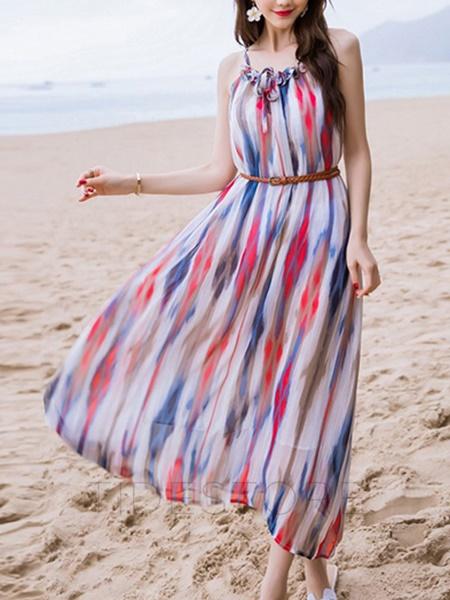 زفاف - Floral Imprint Vertical Stripes Sleeveless Chiffon Maxi Dress