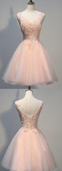 Mariage - Charming Homecoming Dress,Blush Pink Homecoming Dresses.Lace Prom Dresses, Beaded Evening Dresses,Backless Homecoming Dresses,V-neck Prom Dresse From LovePromDresses