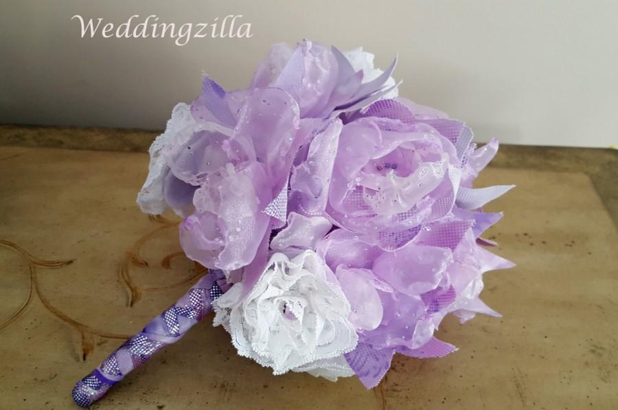 زفاف - Handmade Fabric Flower Wedding Bouquet,  Lavender Bridal Bouquet,  Purple Wedding Bouquet, Orchid Bride Bouquet, Wedding Flowers
