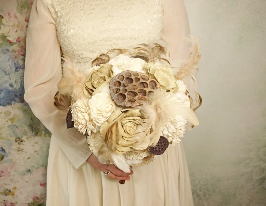 زفاف - Cream brown rustic BOHO wedding BOUQUET Ivory Flowers, natural feathers, raw cotton, sola roses, dried lotos, cotton lace, vintage