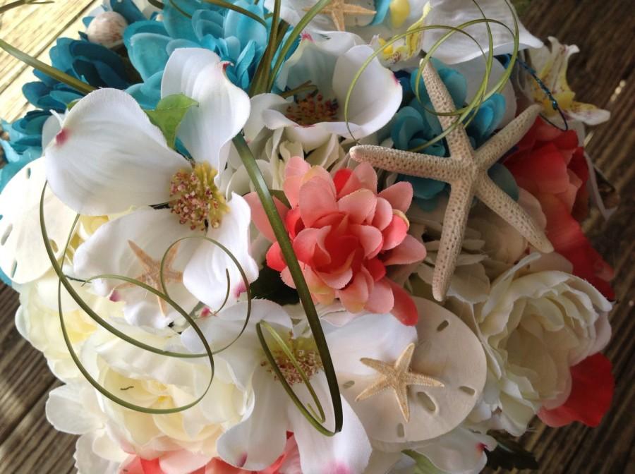 Hochzeit - Seaside Bridal Bouquet with Seashells Pearls and Diamonds Fancy Handle Wrap